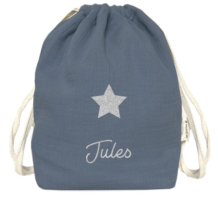 Sac bébé bleu personnalisé avec le prénom Jules et un motif étoile argenté