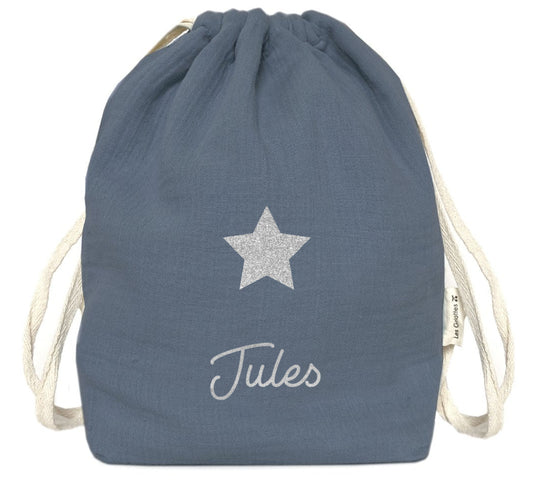 Sac bébé bleu personnalisé avec le prénom Jules et un motif étoile argenté