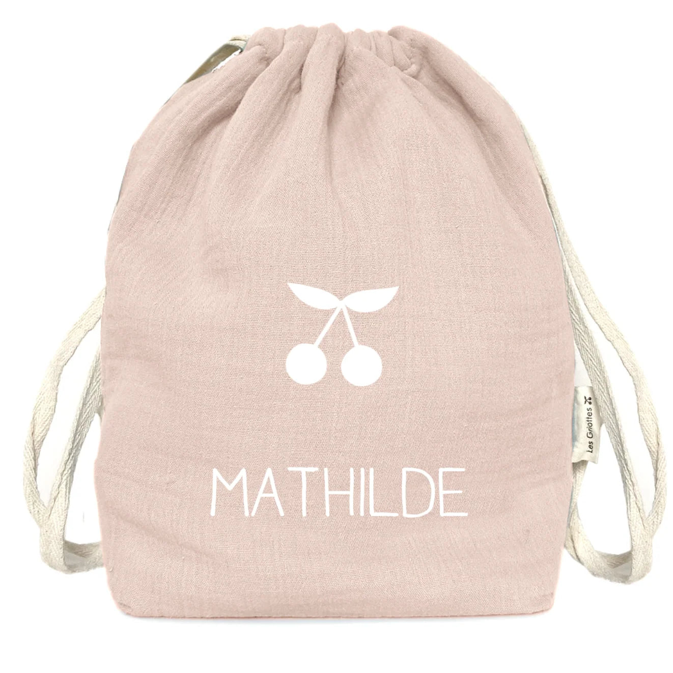 Sac bébé rose poudré personnalisé avec le prénom Mathilde et un motif cerises