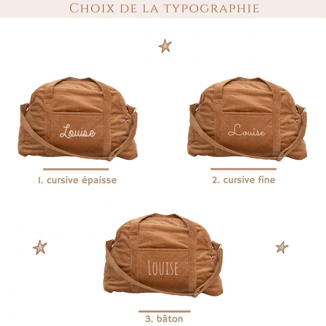 Personnalisation au prénom avec typographie au choix sur sac de voyage bébé.