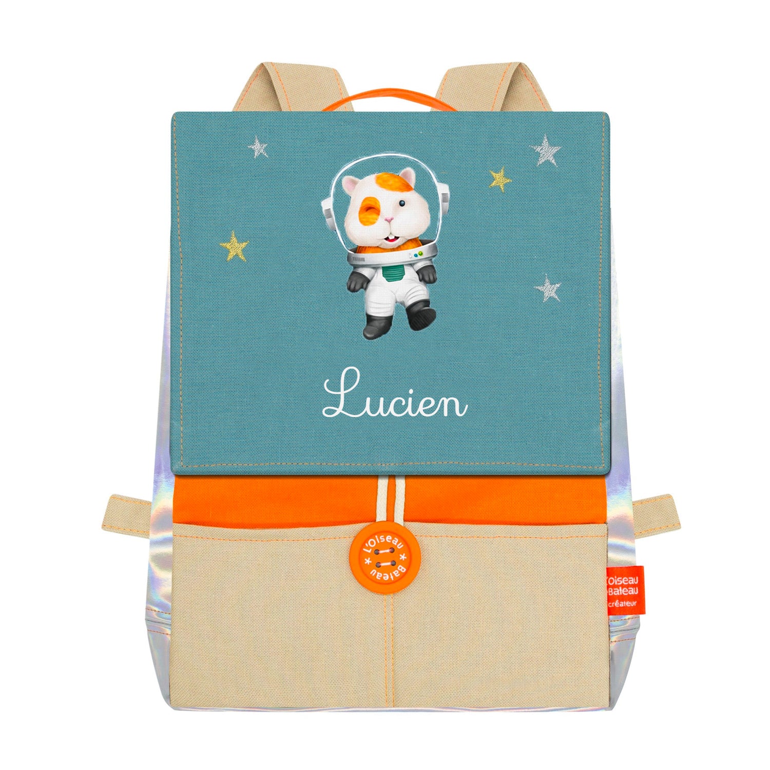 Petit garçon sac à dos Hamstronaute personnalisé avec borderie prénom, prêt pour la maternelle