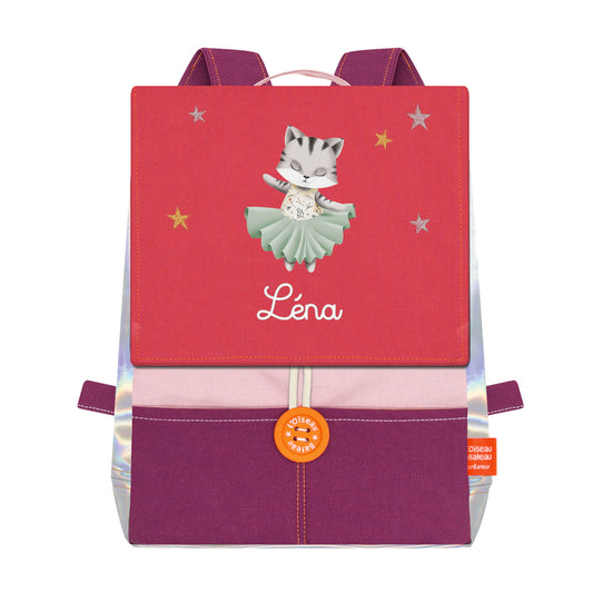 Sac à dos maternelle fille danseuse personnalisé, motif chat ballerine, prénom Léna