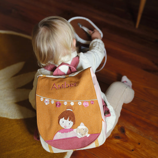 Sac à dos Chat jaune personnalisé, en tissu léger. Idéal première rentrée. 