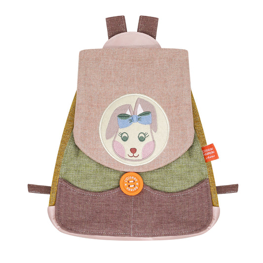 Sac à dos fille maternelle petite section. En tissu léger, coloris rose et vert avec adorable dessin de lapin sur l'avant. Bretelles ajustables. Pratique avec poches.