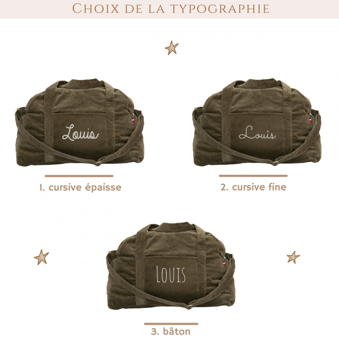 Sac à langer en velours kaki, personnalisé au prénom de l'enfant. Idée cadeau naissance maternité.