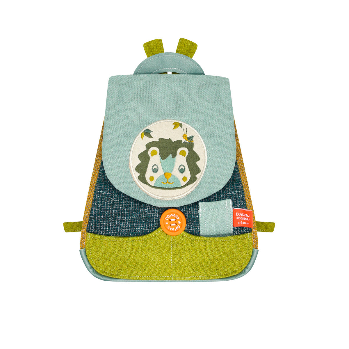 Sac à dos maternelle petite section. Bleu vert jaune. Dessin lion et criquet. L'Oiseau Bateau. Confortable, oeko-tex, léger.