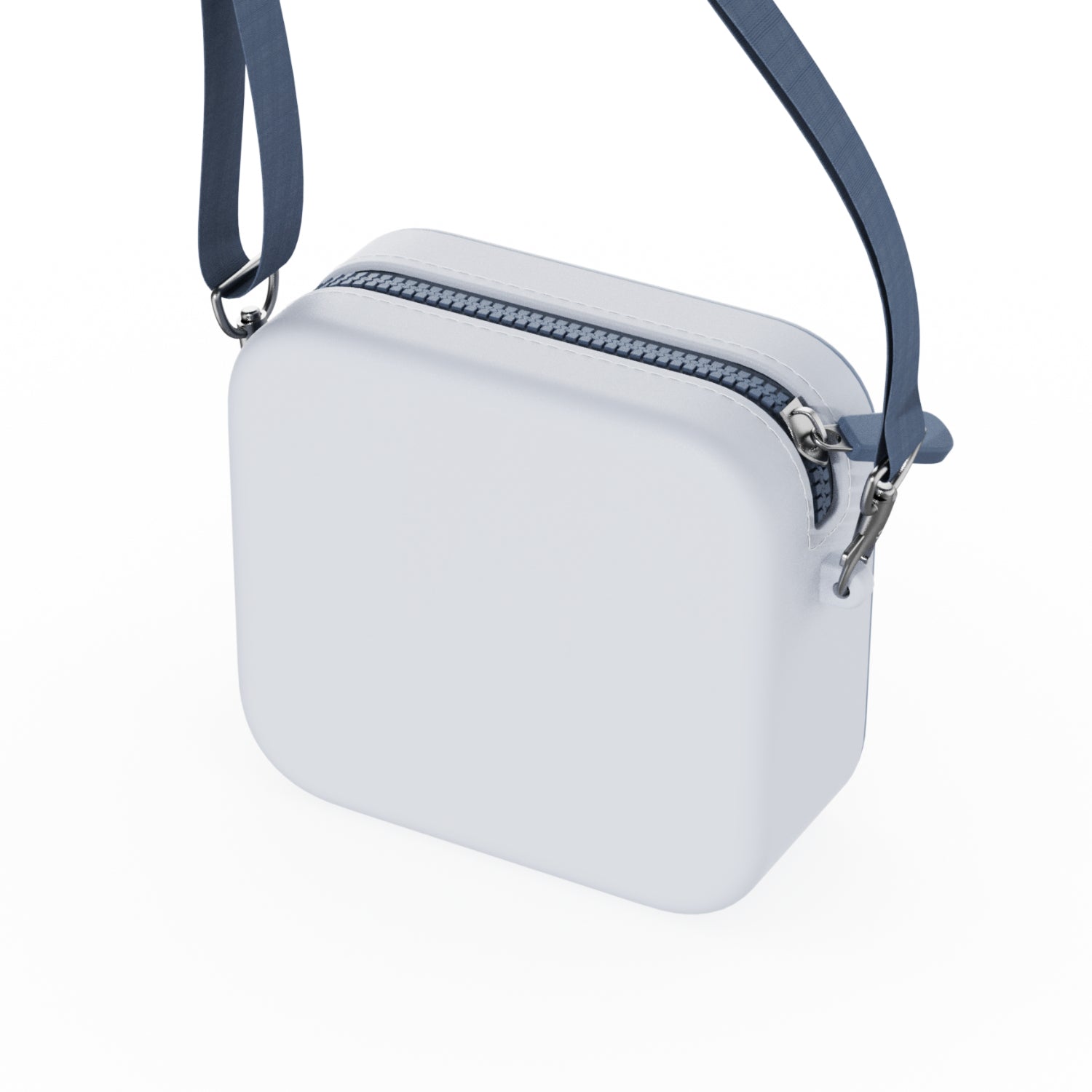 Vue arrière du sac de transport Raton laveur The Zoo Family en silicone bleu clair, avec fermeture zippée et bandoulière