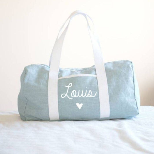 Sac week-end bébé lin menthe personnalisé, idéal maternité et voyages avec bébé