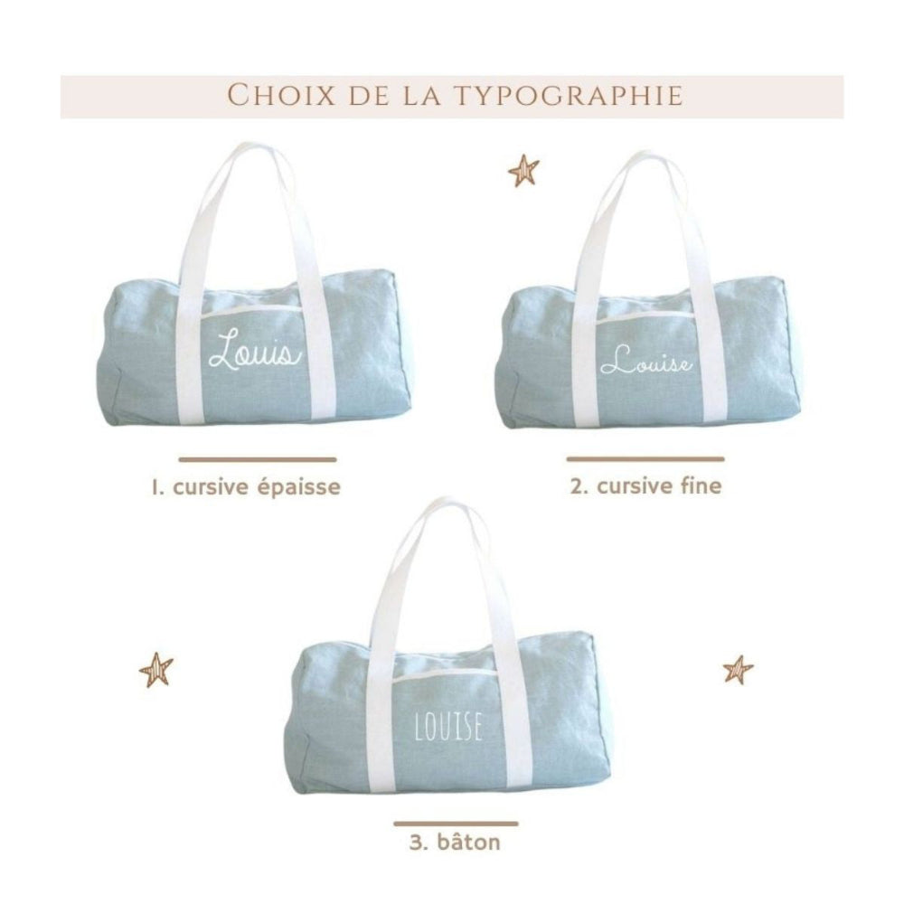 Personnalisation prénom : choix de typographie sur sac week-end bébé en lin menthe