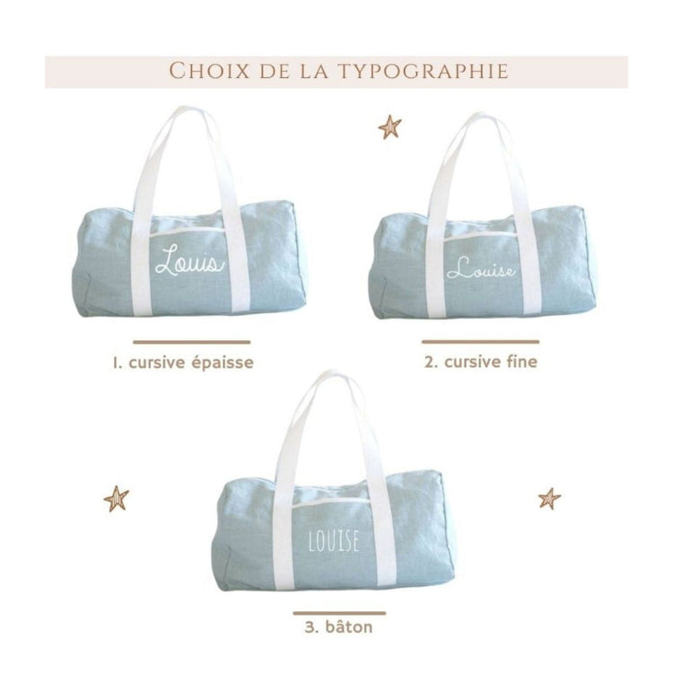 Personnalisation prénom : choix de typographie sur sac week-end bébé en lin menthe
