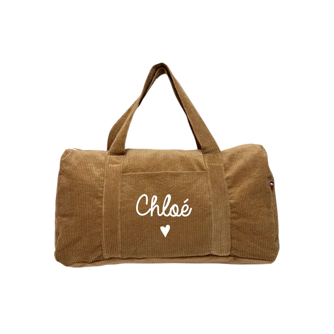 Sac week-end bébé personnalisé en velours marron clair, ambiance automne.