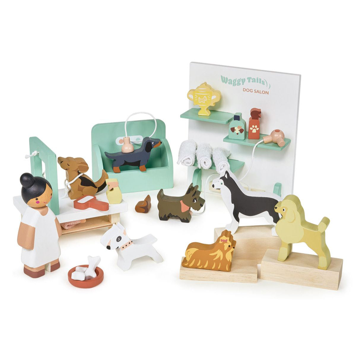 salon de toilettage pour chiens jouet en bois Tender Leaf avec figurines et accessoires