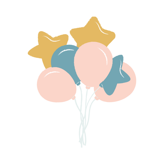 Service client disponible et réactif. Bouquet de ballons aux formes rondes et étoilées de couleur rose, jaune et bleu. 