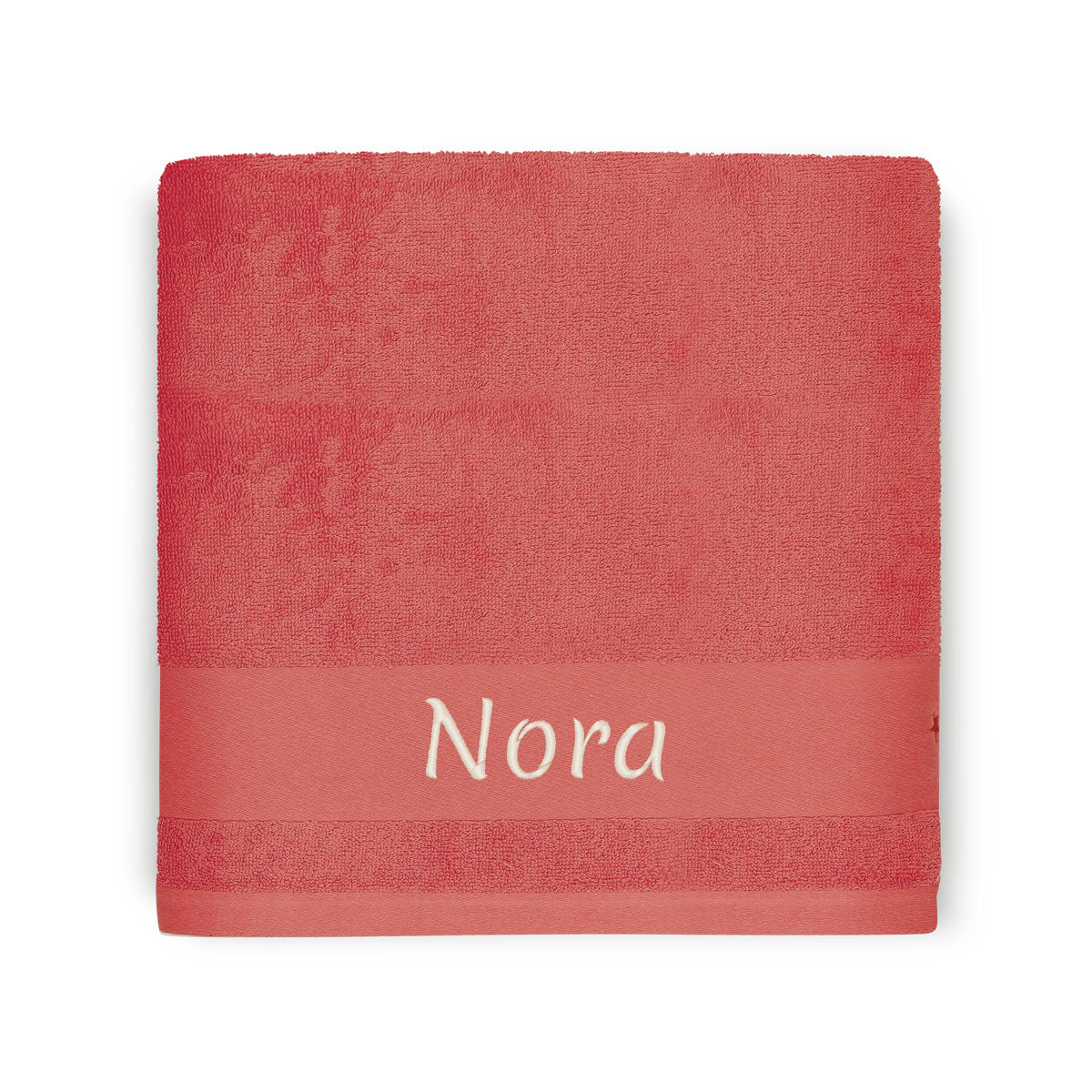 Serviette de bain bébé rose brodée avec prénom, idée cadeau naissance fille. Faon fraise framboise.