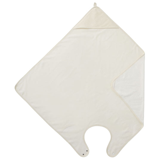 Serviette de toilette bébé maternité en bambou avec système d'accroche tablier. Pratique et astucieuse, serviette de bain naissance écru avec capuche doublée gaze de coton.