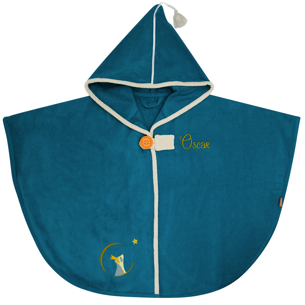 Cape de bain bébé bleue personnalisée prénom brodé en éponge velours bleu foncé