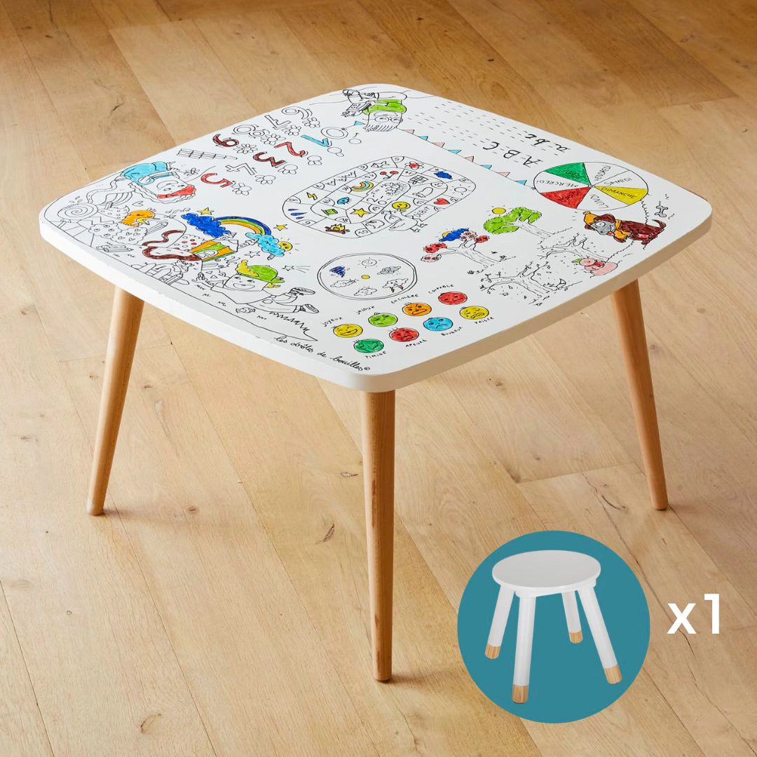 Table de dessin pour enfant – Ensemble Coloritable avec tabouret. Thème atelier des artistes, apprentissage chiffres lettres et couleurs. DB KIDS