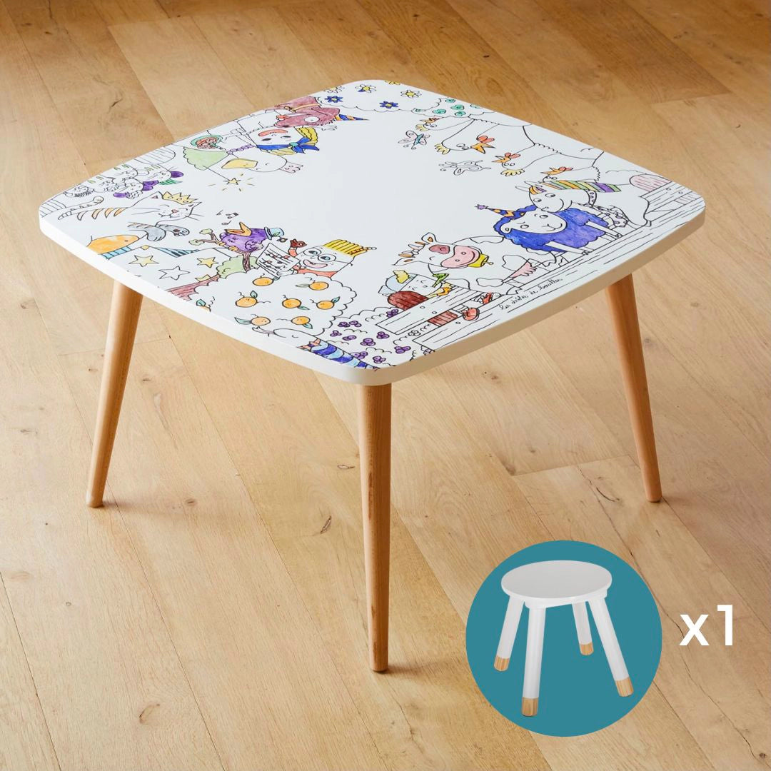 Table de dessin pour enfant – Ensemble Coloritable avec tabouret. Thème animaux de la ferme à colorier. DB KIDS