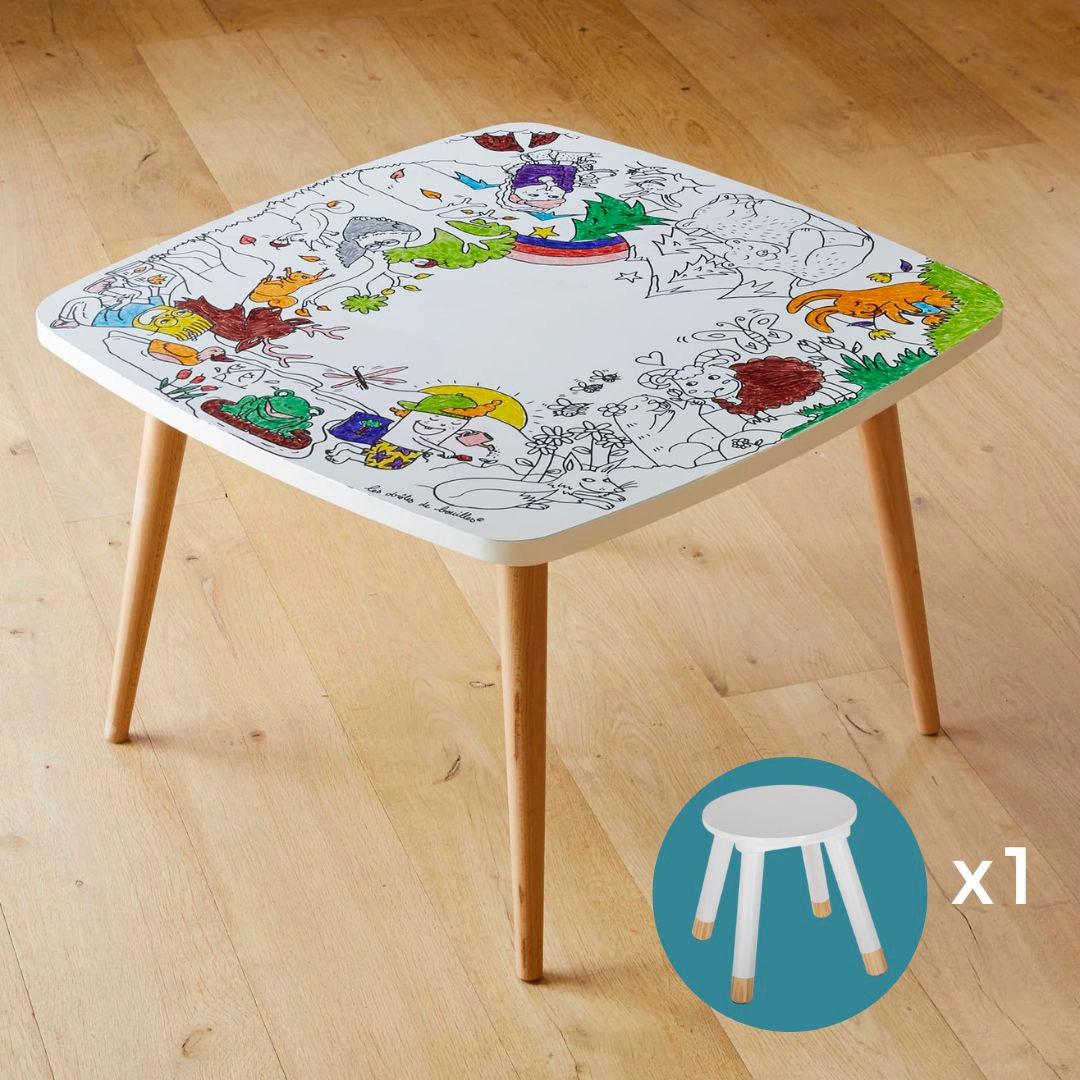 Table de dessin pour enfant – Ensemble Coloritable avec tabouret. Thème animaux de la forêt. DB KIDS