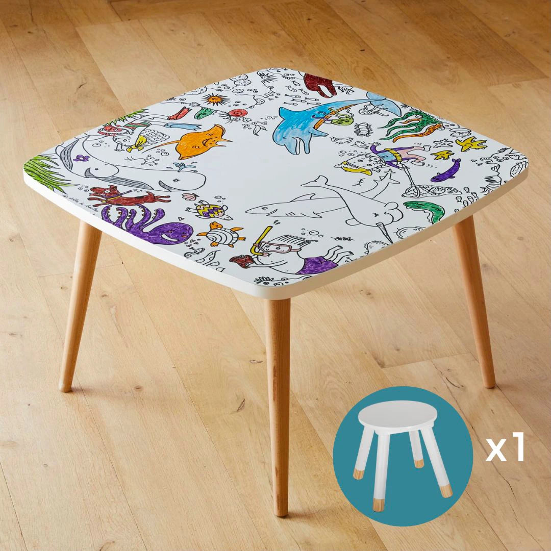 Coloritable – Table de dessin effaçable avec tabouret en bois. Fabriqués en Europe. Animaux marins.