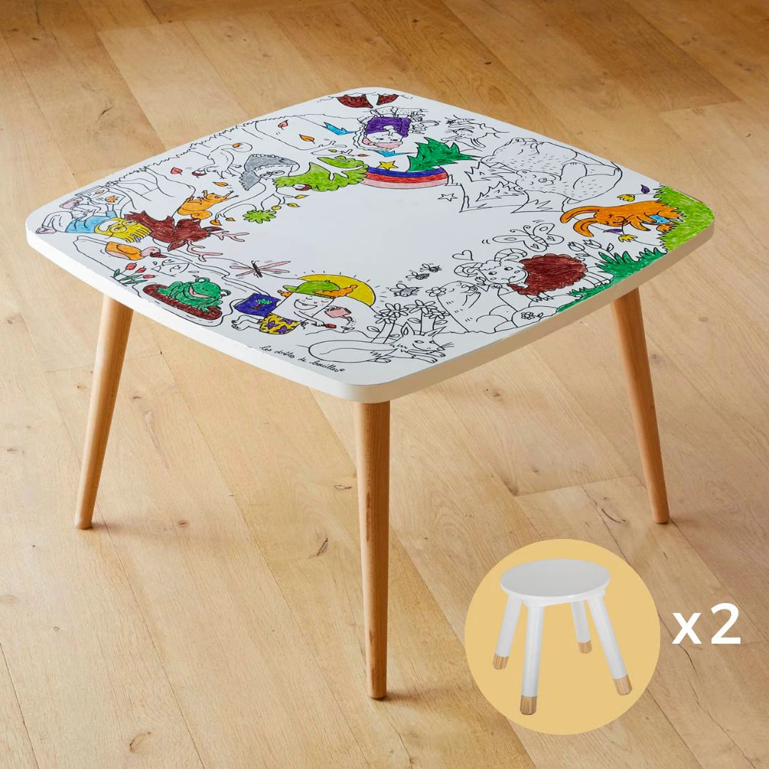Coloritable – Table de dessin effaçable avec tabourets en bois. Fabriqués en Europe. Animaux de la foret.