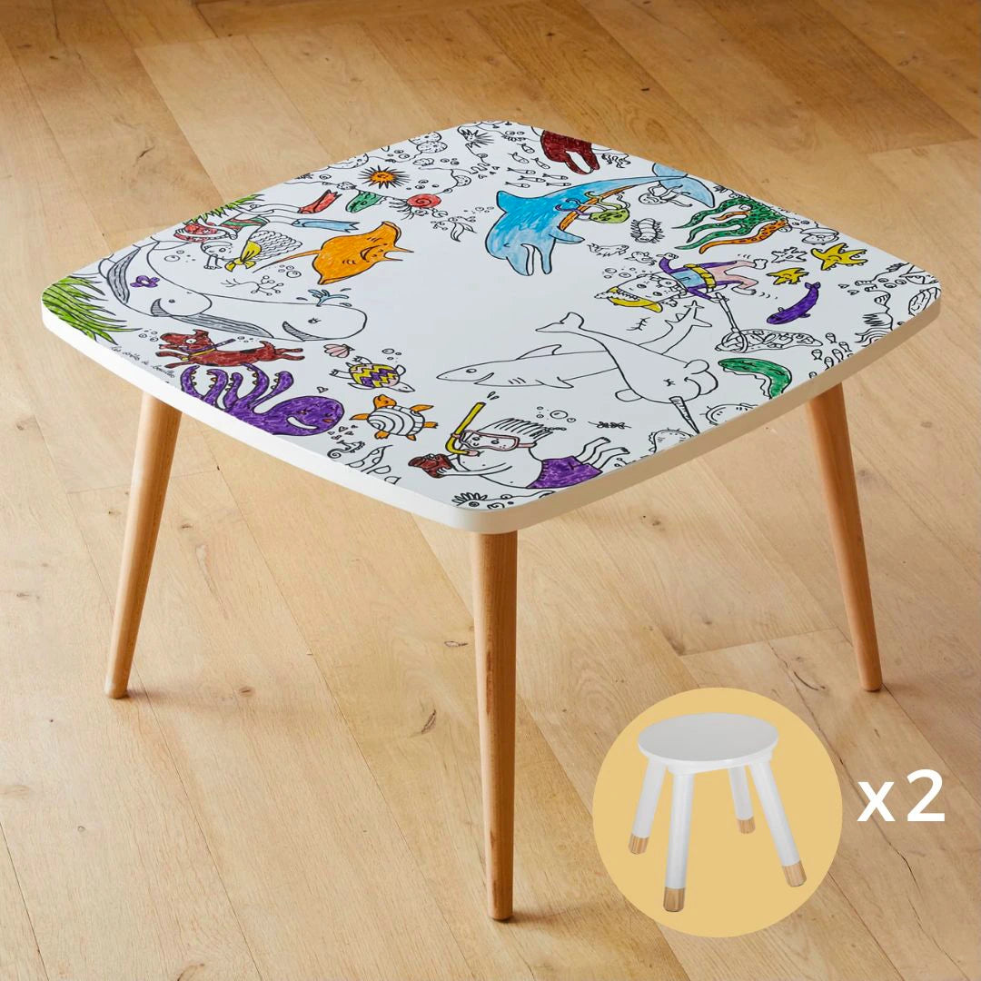 Coloritable – Table de dessin effaçable avec tabourets en bois. Fabriqués en Europe. Animaux de la mer et des océans.