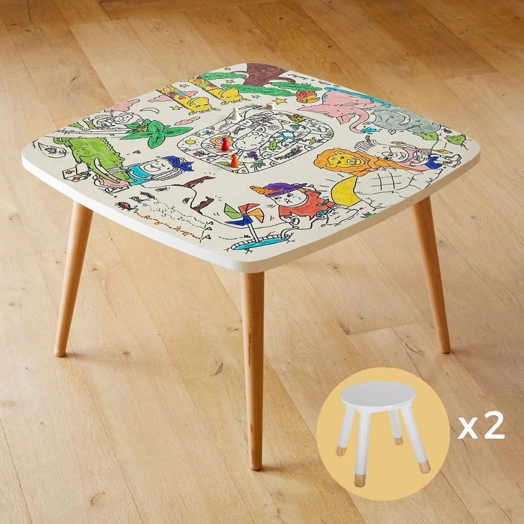 Coloritable – Table de dessin effaçable avec tabourets en bois. Fabriqués en Europe. Animaux de la savane.