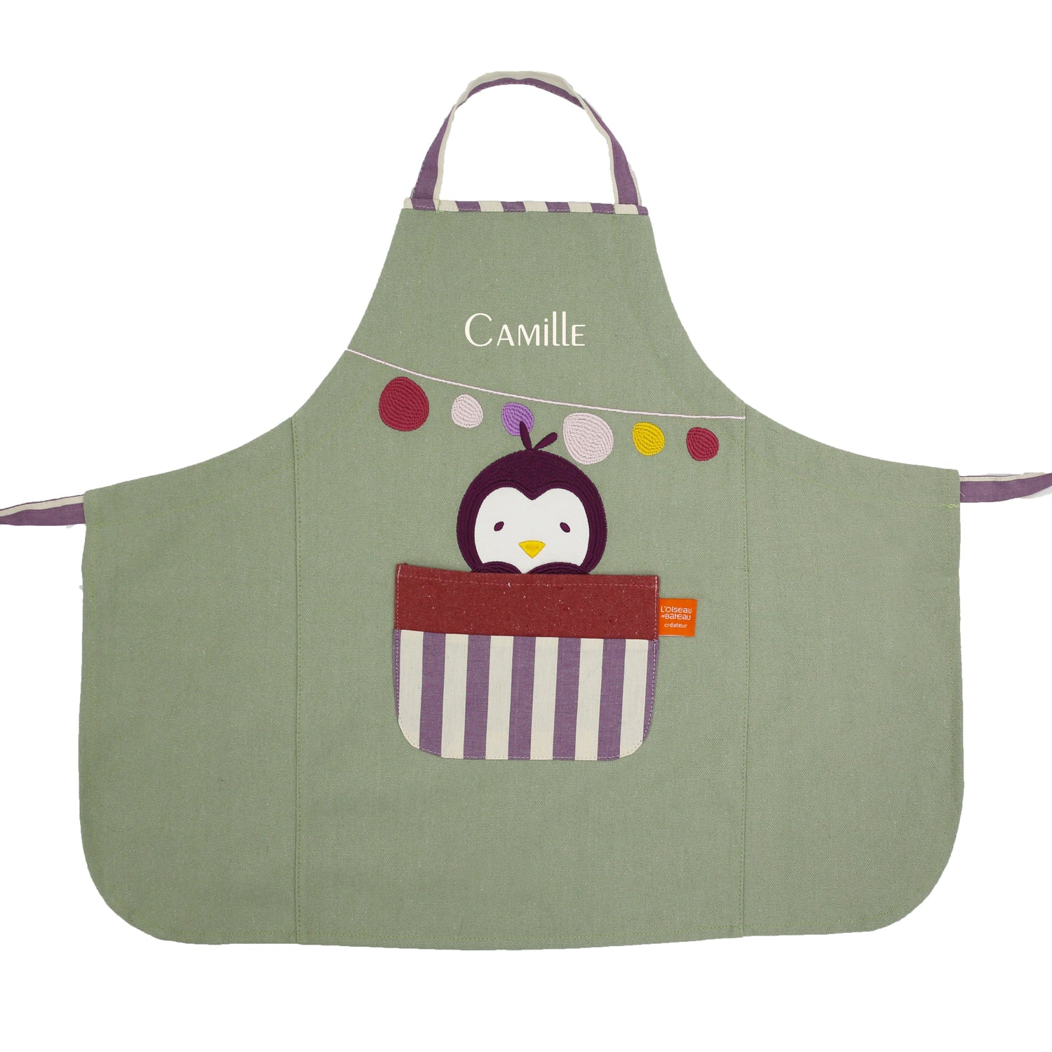 Tablier enfant cuisine personnalisé avec prénom brodé, motif pingouin espiègle
