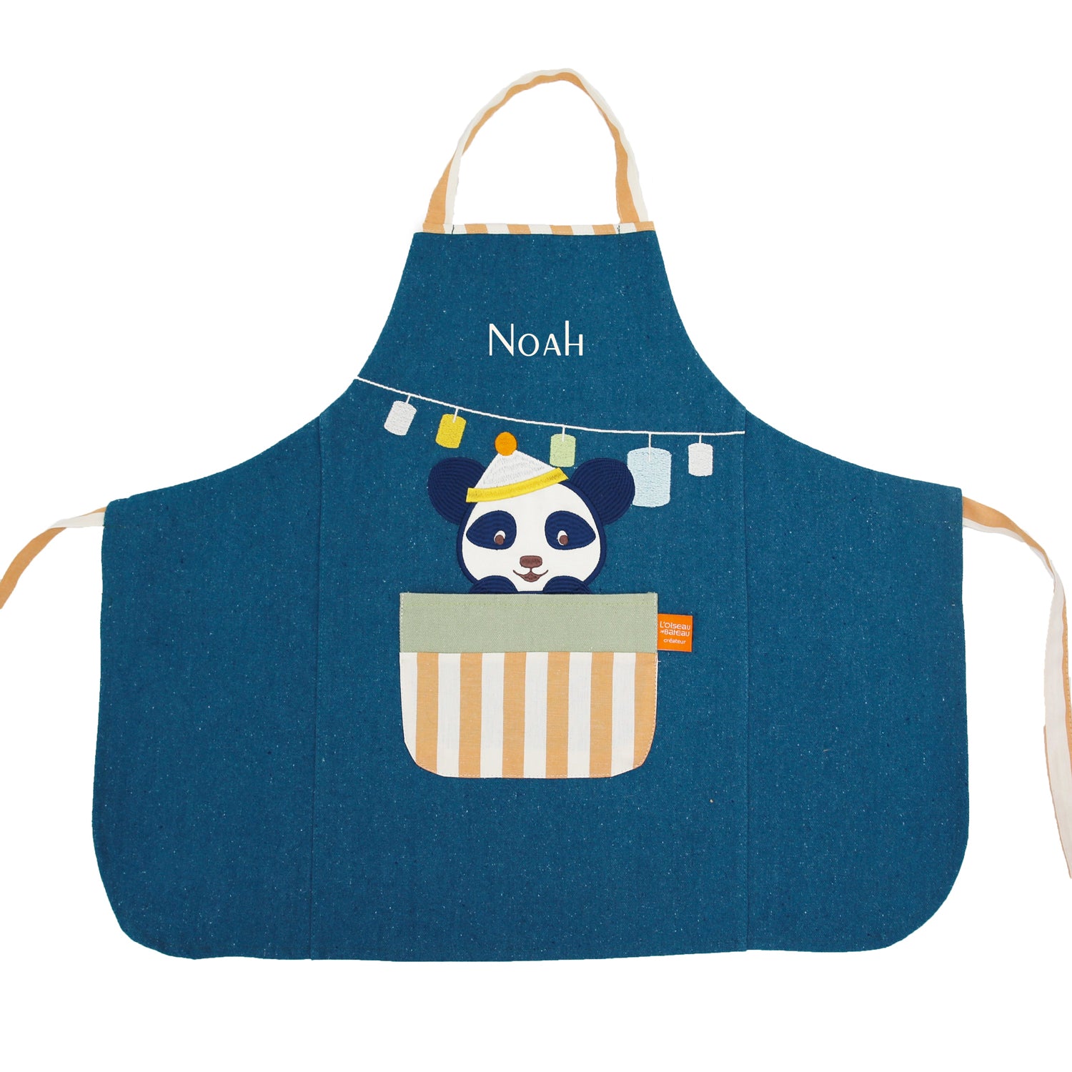 Tablier enfant cuisine personnalisé avec prénom brodé, motif panda ludique. Tablier bleu enfant.