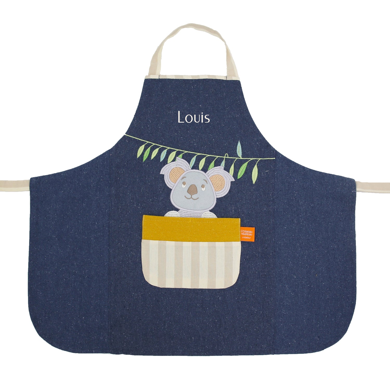 Tablier enfant cuisine personnalisé avec prénom brodé, cadeau idéal pour petit chef. Bleu Koala.