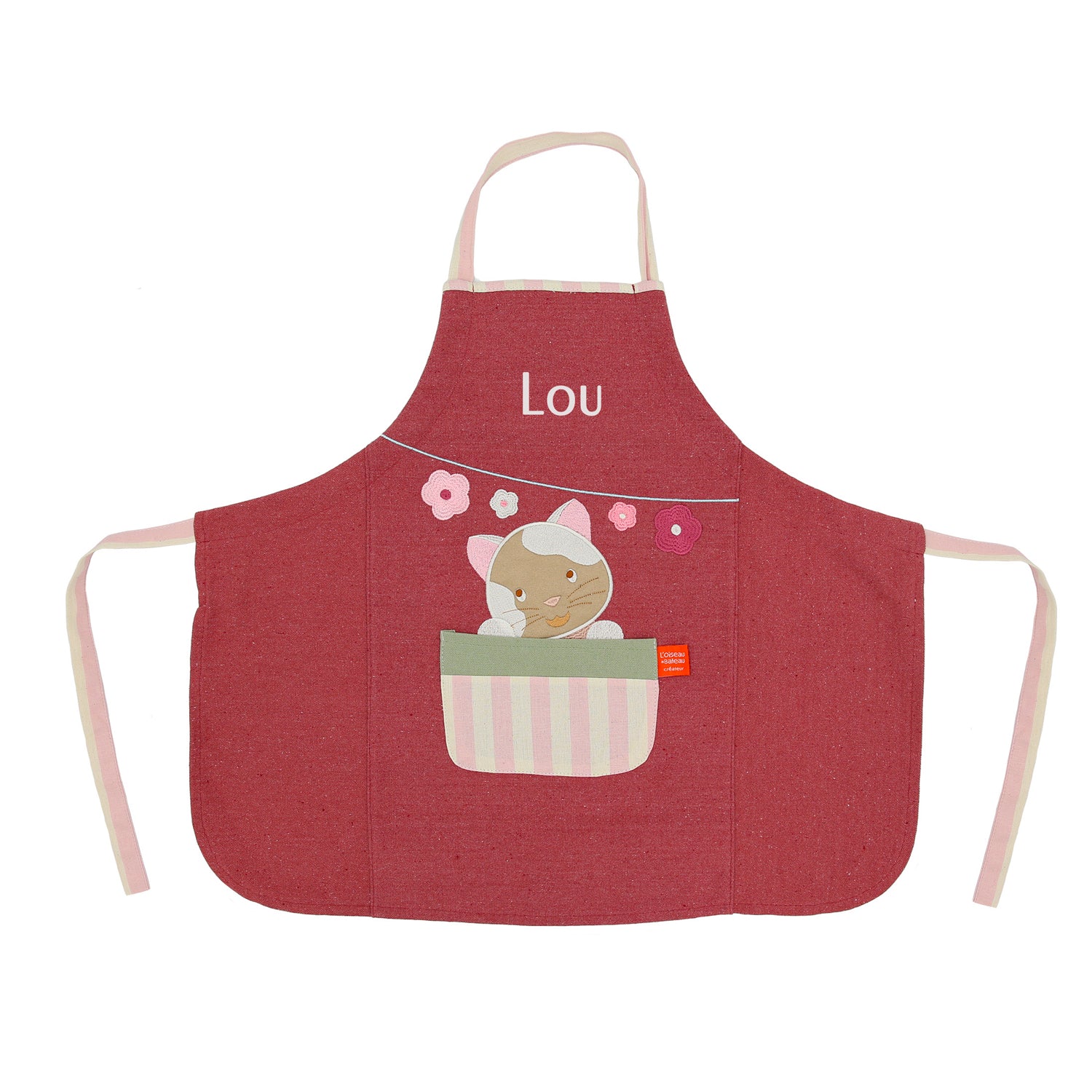 Tablier enfant cuisine personnalisé avec prénom brodé, motif chat mignon