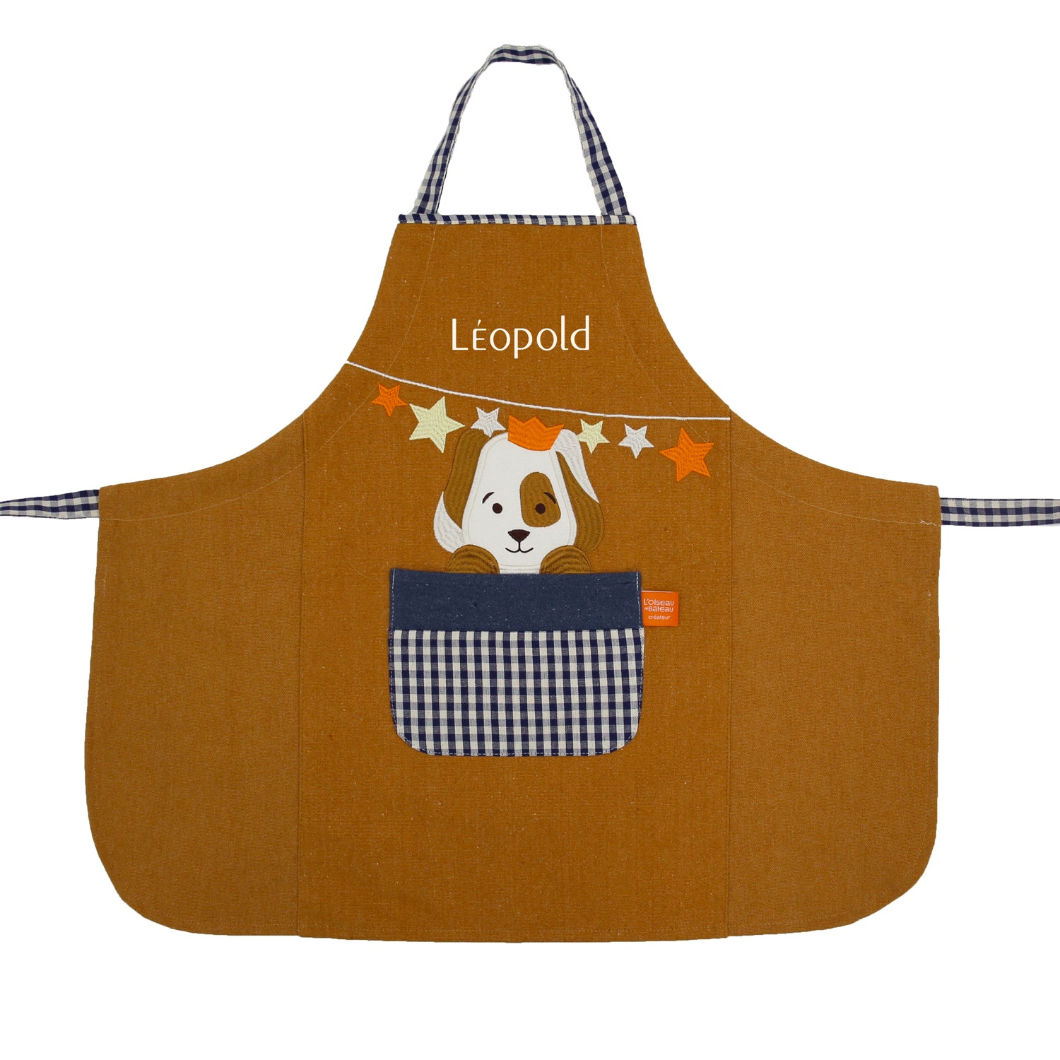 Tablier enfant cuisine personnalisé avec prénom brodé, motif chien avec couronne et étoile.