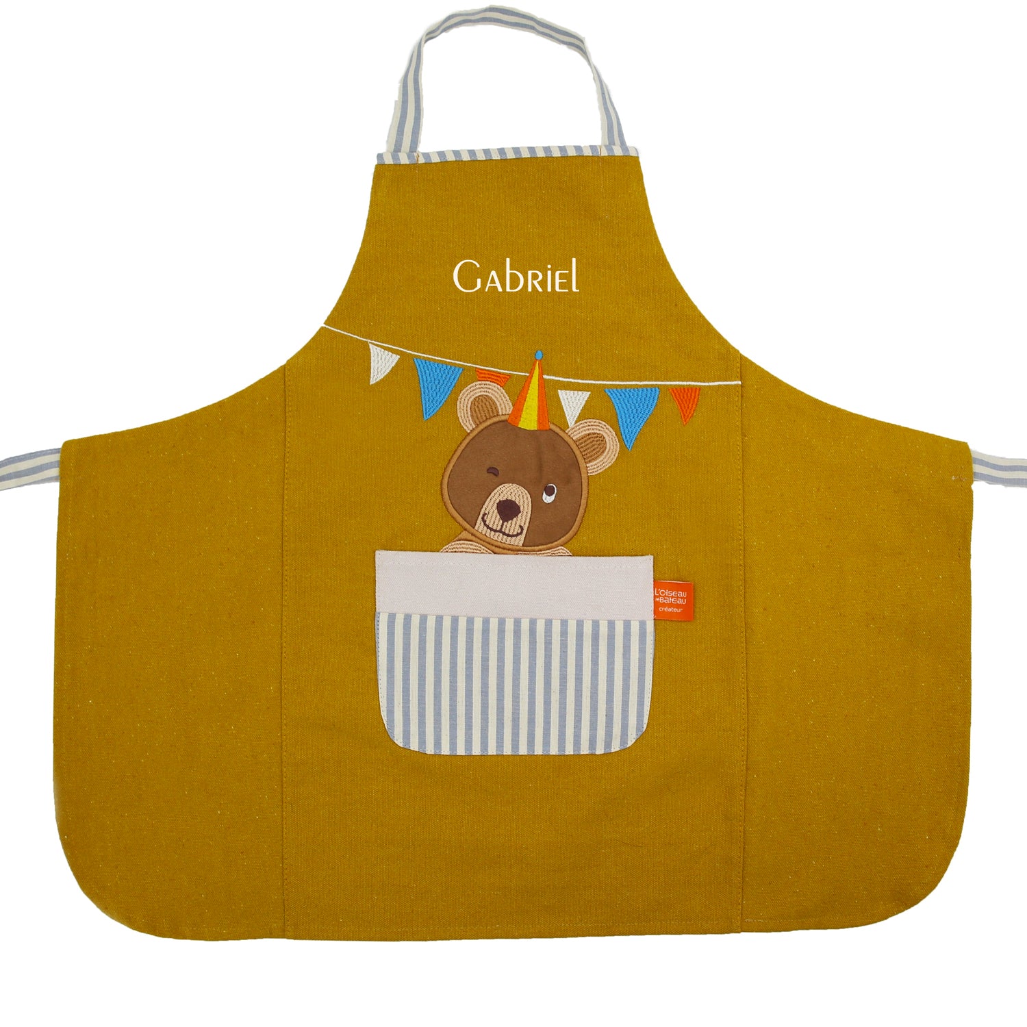 Tablier enfant cuisine personnalisé avec prénom brodé, motif ourson fête. 