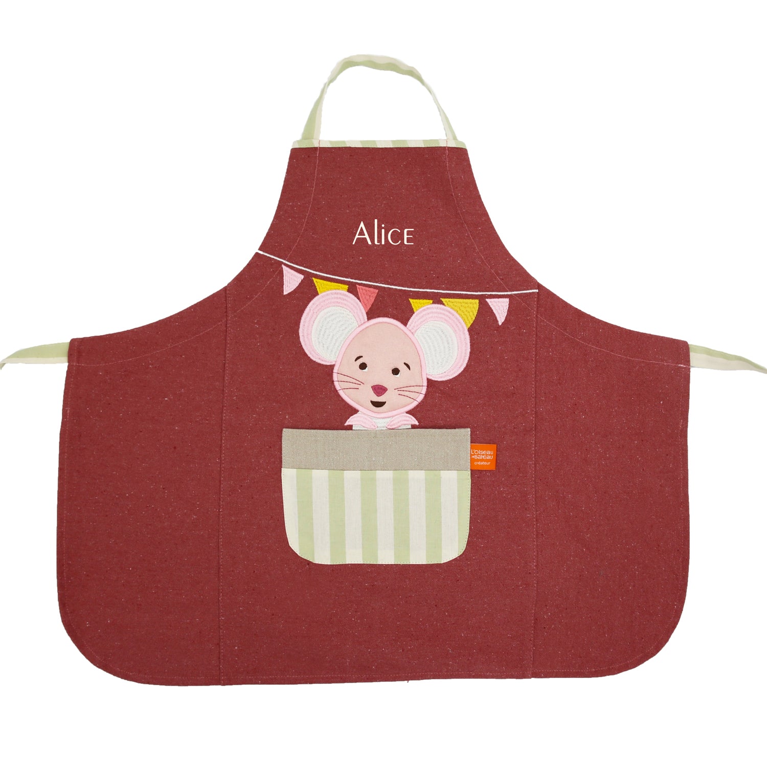 Tablier enfant cuisine personnalisé avec prénom brodé, tendance et unique pour activités culinaires. Motif petite souris.