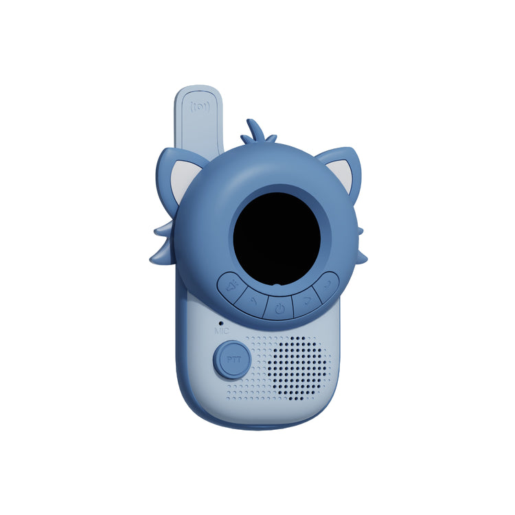 Talkie-walkie enfant Raton laveur de face, avec écran rond, boutons de canal, bouton PTT pour parler et haut-parleur