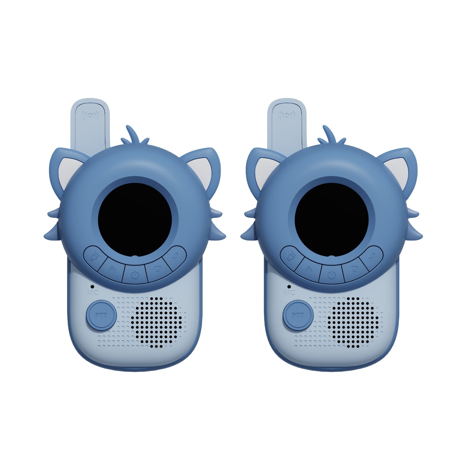 Paire de talkies-walkies Zoo Family Raton laveur bleus, vue de face sur fond blanc