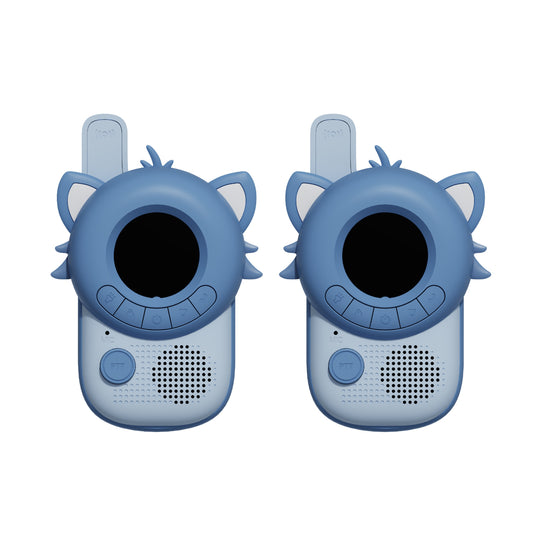 Paire de talkies-walkies Zoo Family Raton laveur bleus, vue de face sur fond blanc