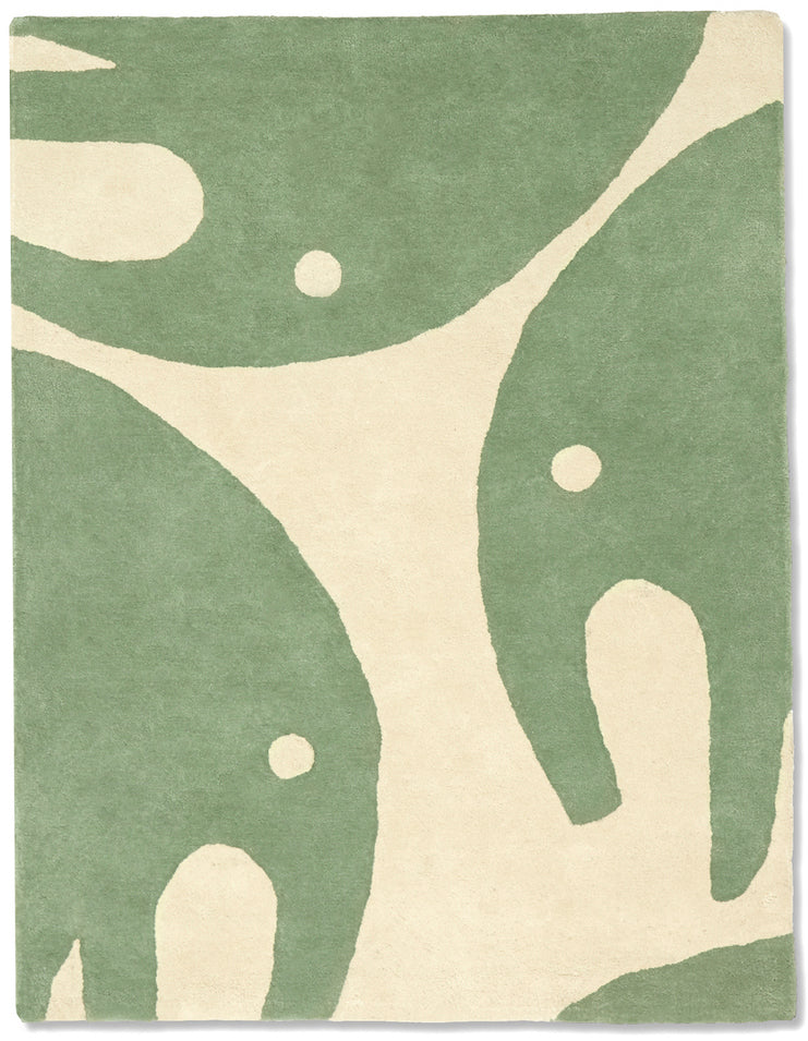 Tapis en coton biologique certifié GOTS. Eléphants, vert et beige. Bleuu-studio