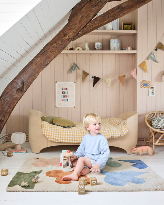 Tapis chambre enfant oiseaux bleu terracotta en coton bio gots