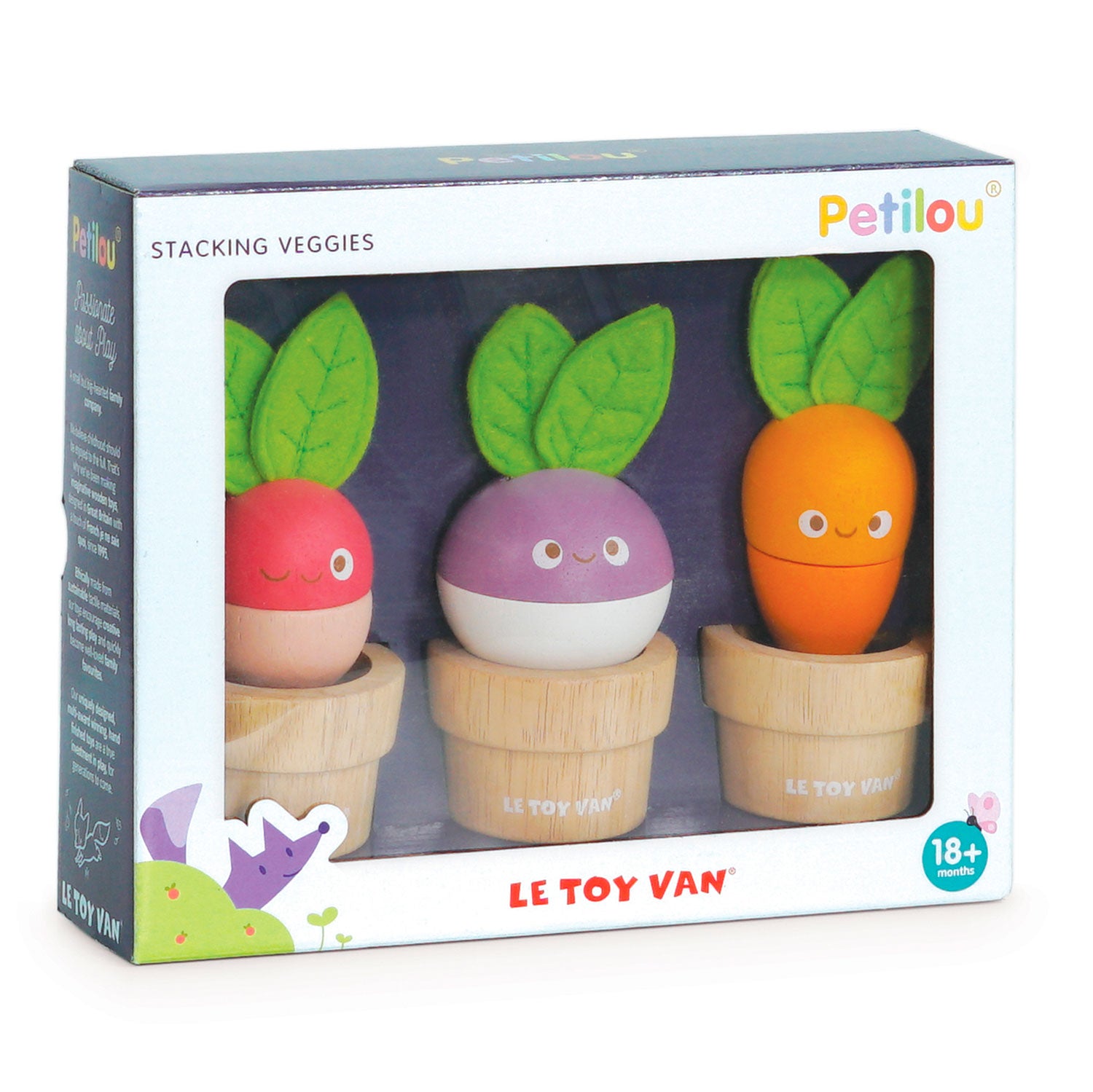 Packaging Jouet en bois légumes Le Toy van. Carton illustration Petilou avec vue direct sur les 3 légumes souriants.