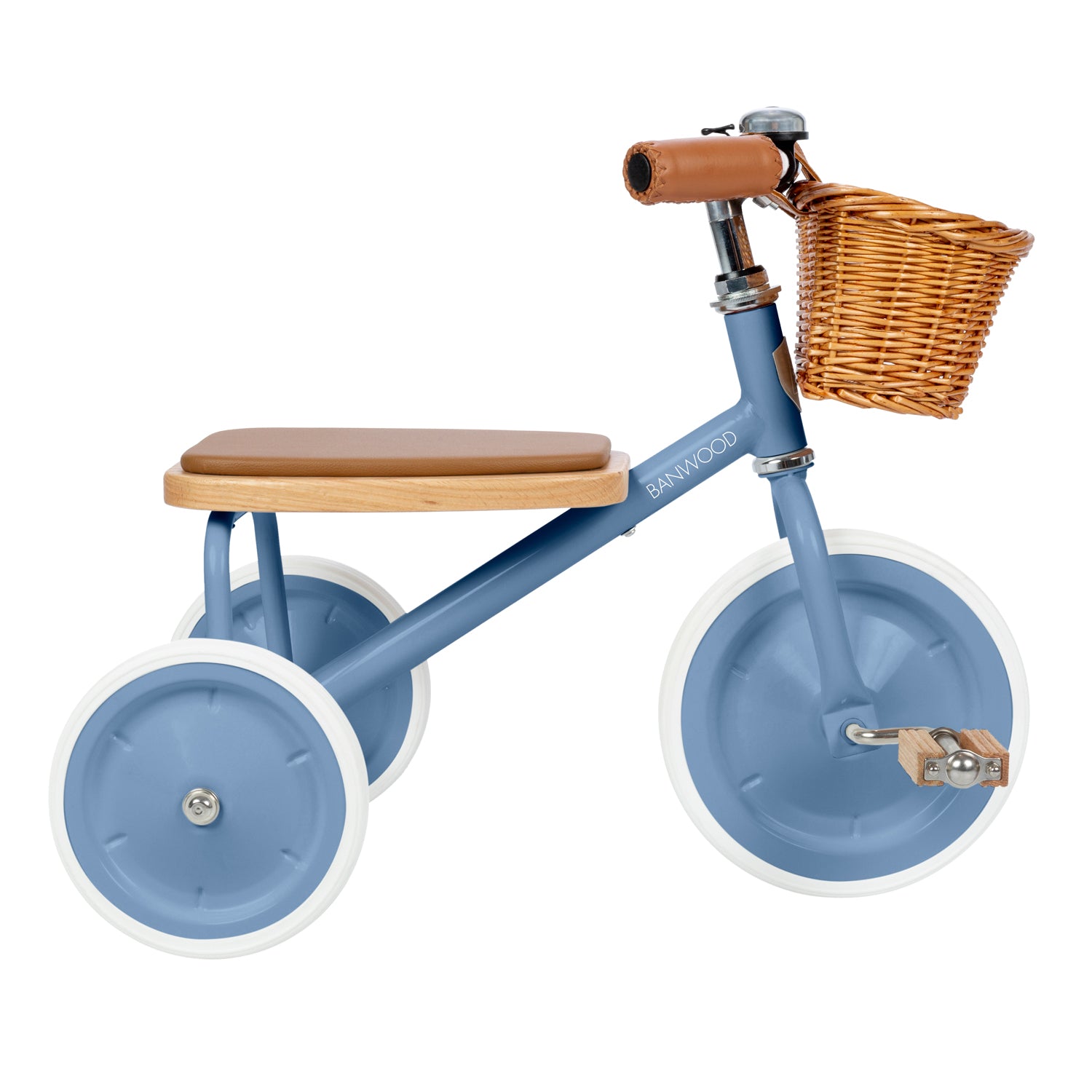 Tricycle vintage bleu Banwood avec panier en osier pour enfant dès 2 ans