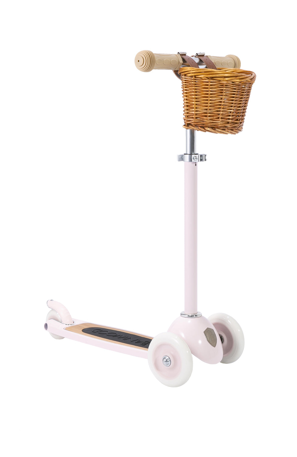 Trottinette enfant rose avec panier en osier pour balades