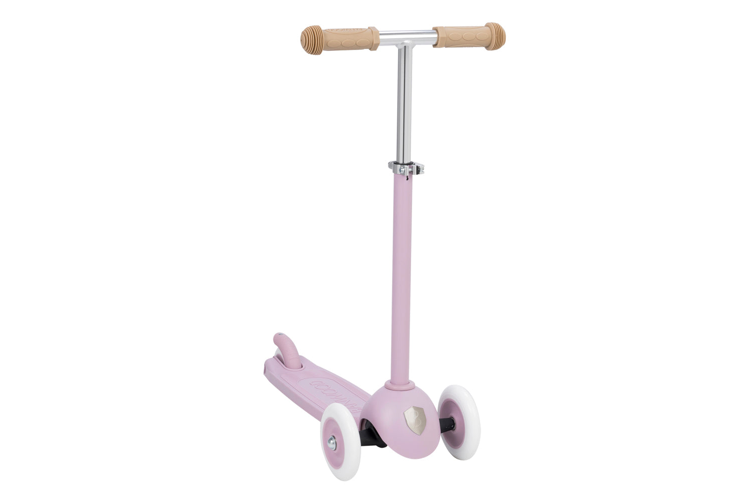 Vue de face trottinette enfant violet clair en plastique recyclé. 