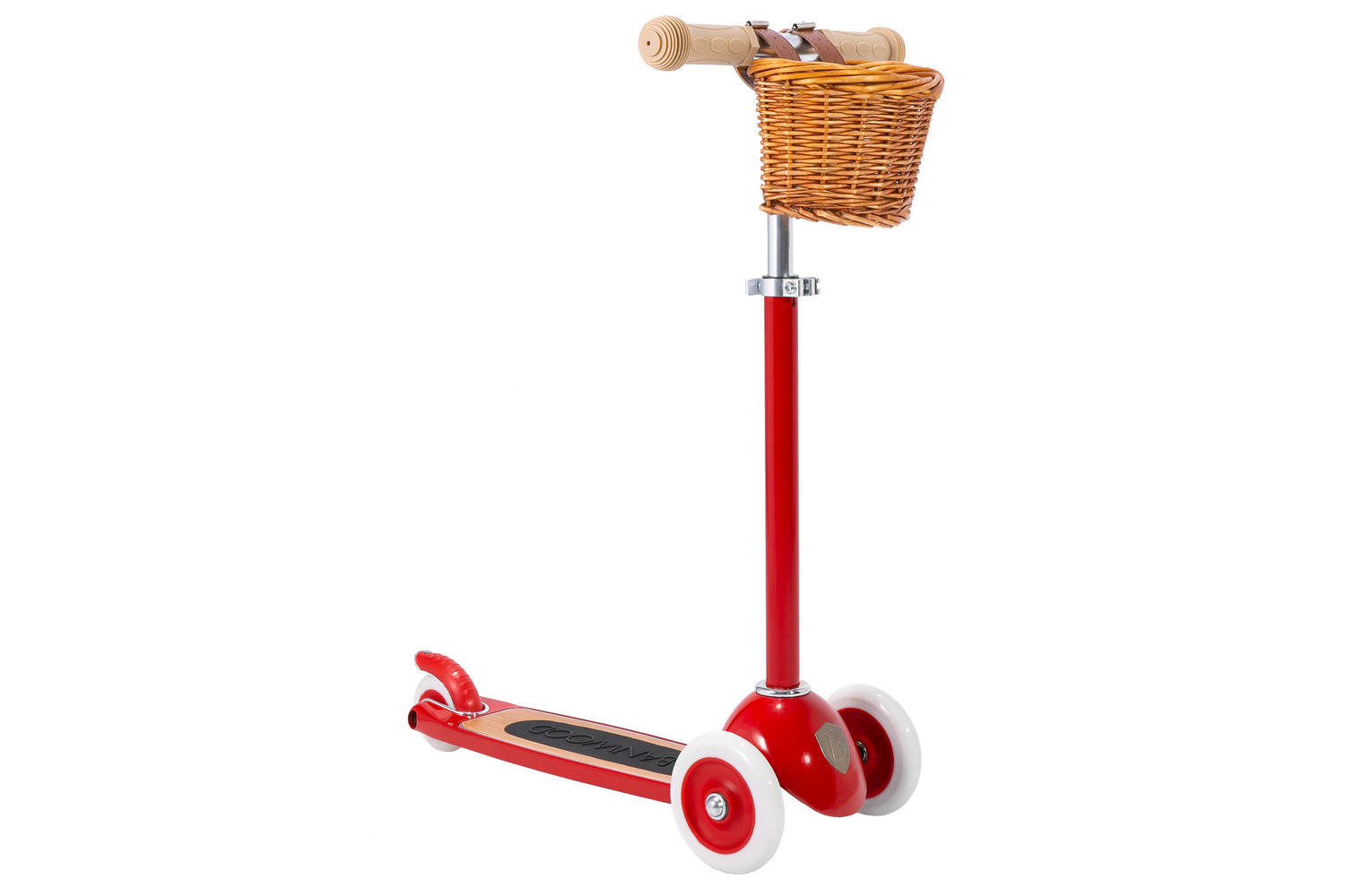 Trottinette enfant Banwood 3 roues avec poignées en caoutchouc et panier en osier.