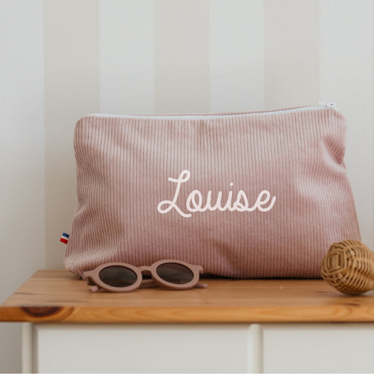 Trousse de toilette bébé personnalisée au prénom, velours côtelé lila, cadeau de naissance utile