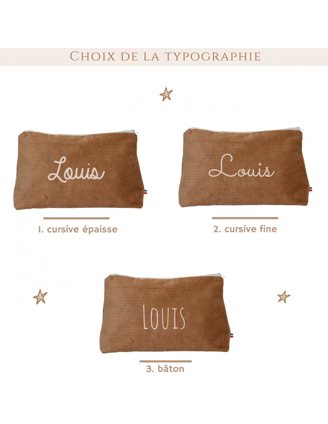 Trousse de toilette personnalisée prénom en velours côtelé marron mixte fabrication française.