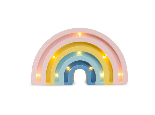 Veilleuse pour enfant avec minuterie et ampoules LED. En bois de pin naturel massif, peinture à l'eau. Forme d'arc en ciel avec 10 ampoules LED et 4 couleurs : deux teintes de bleu, jaune et rose. Bois clair.