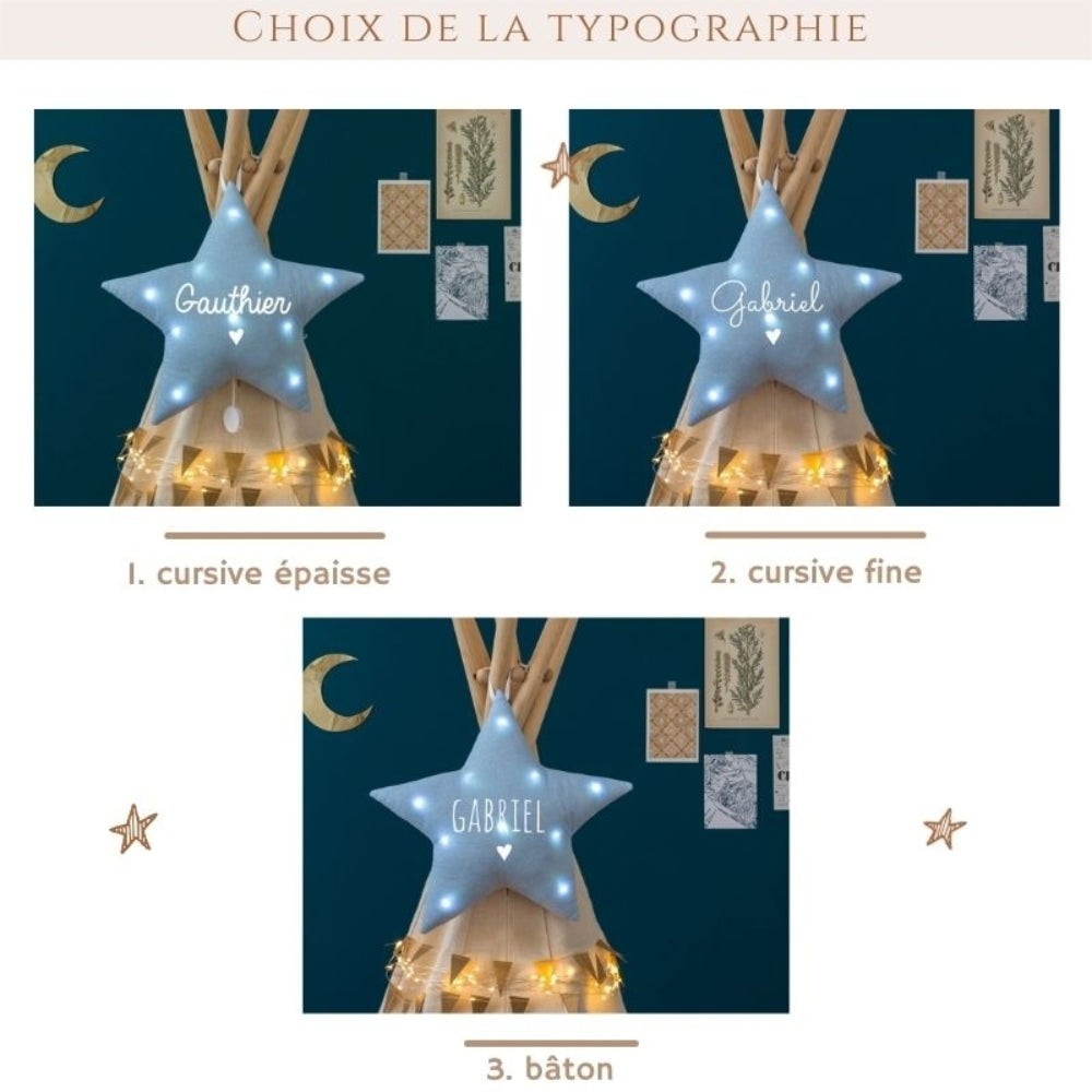 Trois typographies pour personnaliser une veilleuse étoile bleue : cursive épaisse, cursive fine et lettres bâtons.