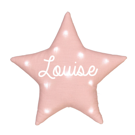 Veilleuse lumineuse étoile rose personnalisée avec le prénom Louise en blanc, présentée sur fond blanc.