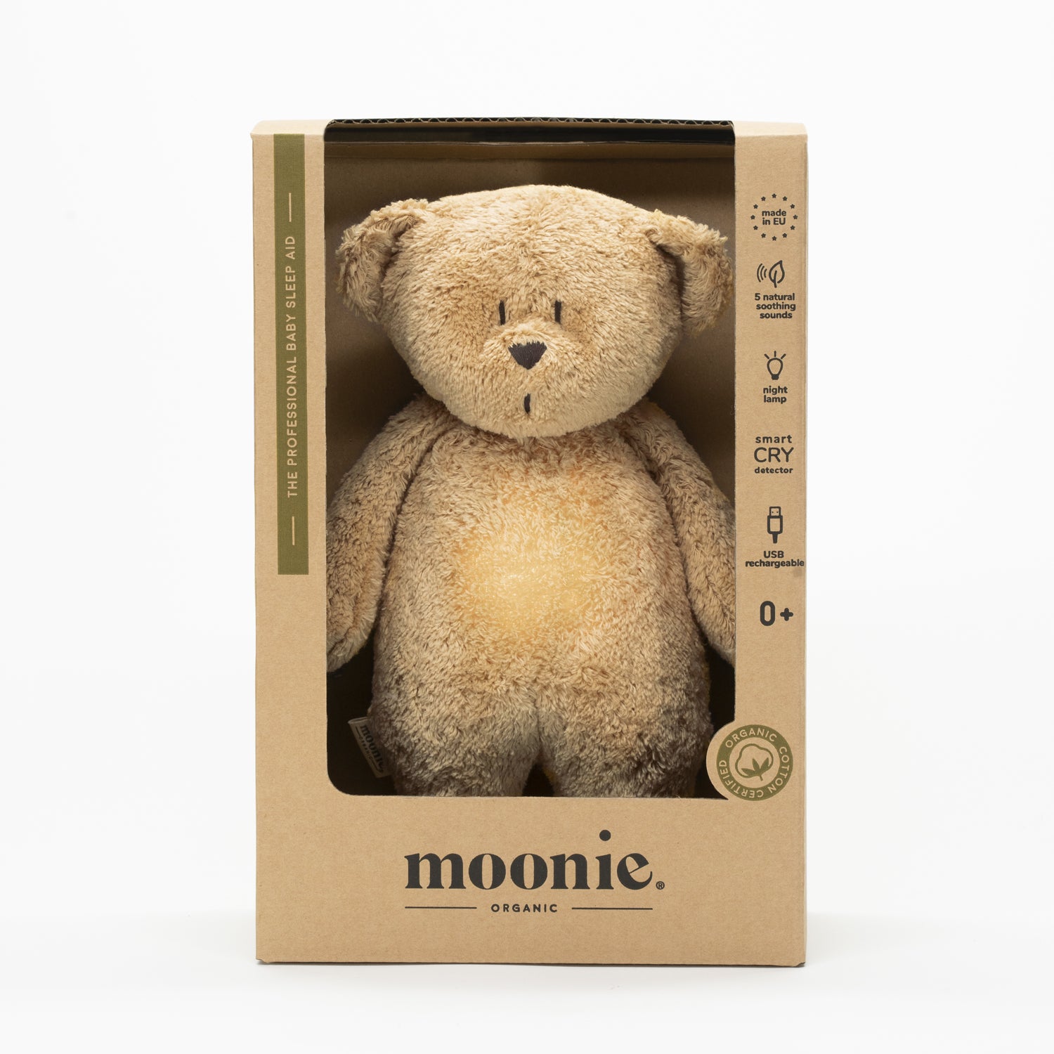 Veilleuse peluche ourson Moonie, en coton biologique certifié GOTS. Une idée cadeau écoresponsable, fabriquée en Europe. Packaging carton. Dès la naissance. 
